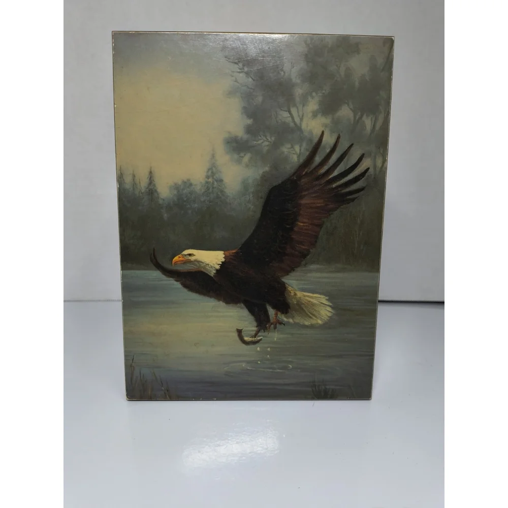 Vintage Wooden Jewelry Trinket Box Bald Eagle Great Smoky‎ Mountains Souvenir